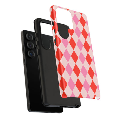 Tough Cases with Red Pink Diamonds, Retro Checkerboard iPhone Case And Samsung Case, Slim Fit Phone Case, Stylish Gift