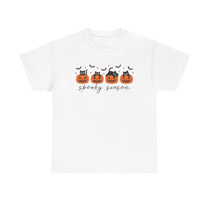 Spooky Season Unisex Heavy Cotton Tee, Halloween Shirt, Fall Apparel, Pumpkin T-Shirt, Cat Lover Gift, Pumpkin Tee