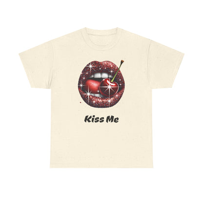 Glitter Lips Cherry Kiss Me Tee, Retro Pinup Graphic Shirt, Flirty Pop Art T-Shirt, Vintage Style Cotton Tee
