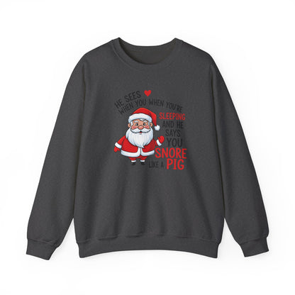 Funny Santa Christmas Sweatshirt He Sees When You are Sleeping and He Says You Snore Like a Pig |Holiday Humor Crewneck |Cozy Christmas Gift
