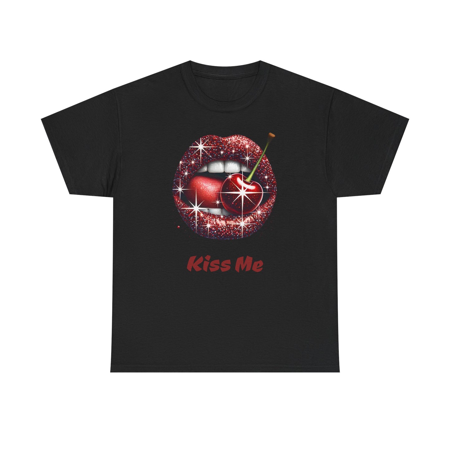 Glitter Lips Cherry Kiss Me Tee, Retro Pinup Graphic Shirt, Flirty Pop Art T-Shirt, Vintage Style Cotton Tee