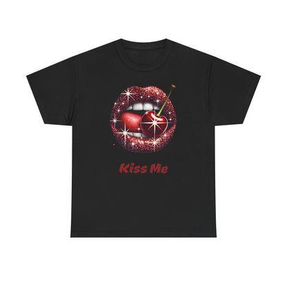 Glitter Lips Cherry Kiss Me Tee, Retro Pinup Graphic Shirt, Flirty Pop Art T-Shirt, Vintage Style Cotton Tee