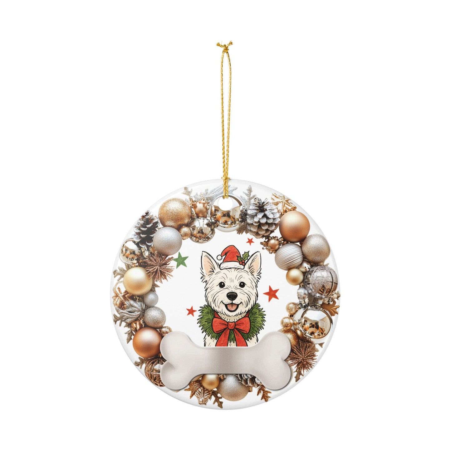 Westie Santa Hat Ornament, Christmas Dog Bone Ceramic Decor, Cute Westie Christmas Tree Ornament, Pet Lover Holiday Gift