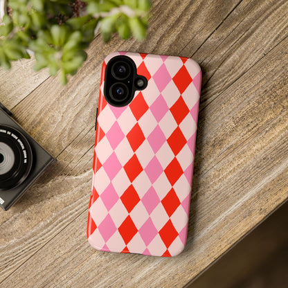 Tough Cases with Red Pink Diamonds, Retro Checkerboard iPhone Case And Samsung Case, Slim Fit Phone Case, Stylish Gift