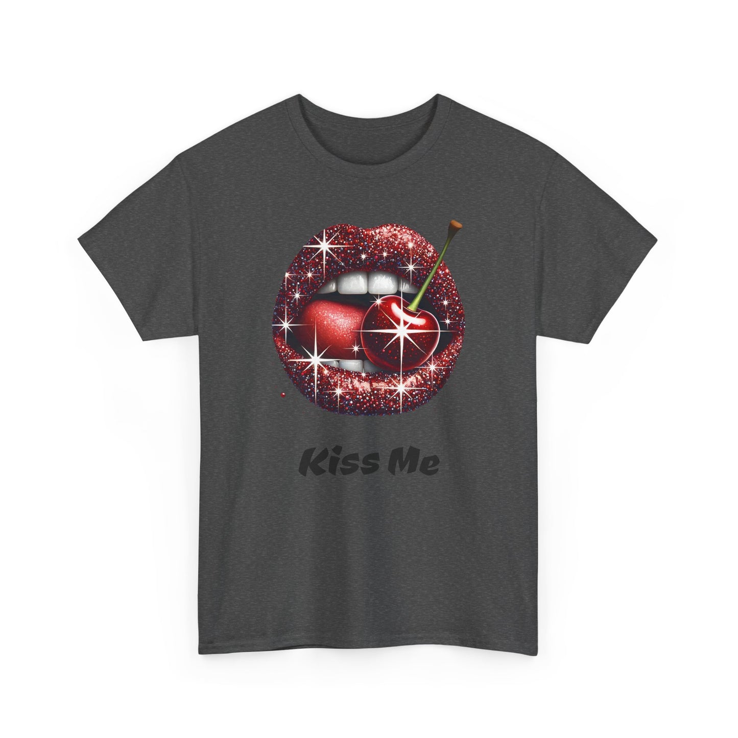 Glitter Lips Cherry Kiss Me Tee, Retro Pinup Graphic Shirt, Flirty Pop Art T-Shirt, Vintage Style Cotton Tee