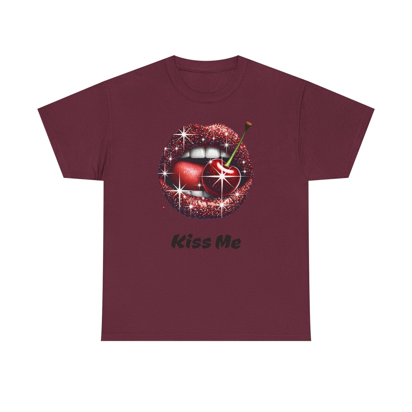 Glitter Lips Cherry Kiss Me Tee, Retro Pinup Graphic Shirt, Flirty Pop Art T-Shirt, Vintage Style Cotton Tee