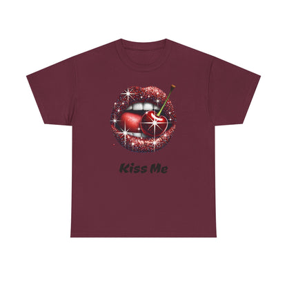 Glitter Lips Cherry Kiss Me Tee, Retro Pinup Graphic Shirt, Flirty Pop Art T-Shirt, Vintage Style Cotton Tee