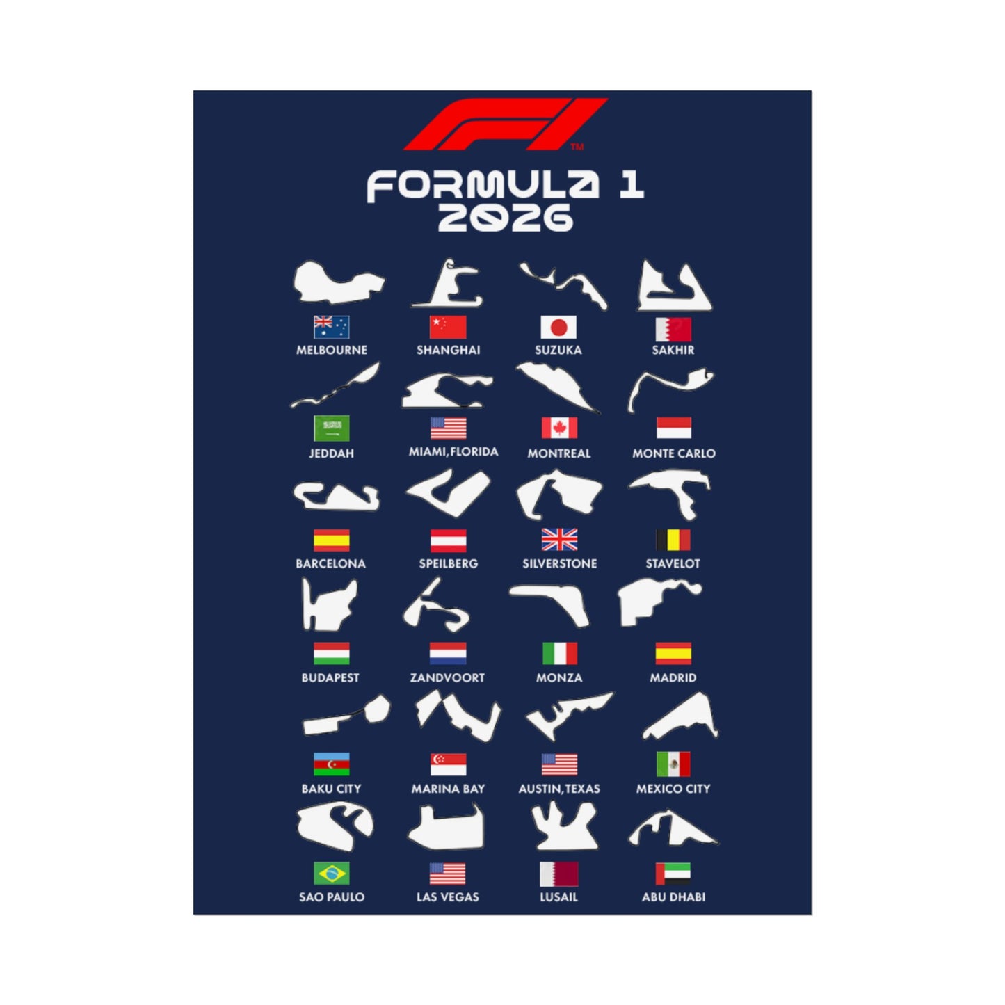 Formula 1 2026 Track Silhouettes Poster, F1 Circuits Map Wall Art, Grand Prix Calendar Print, Motorsport Racing Decor, Rolled Poster