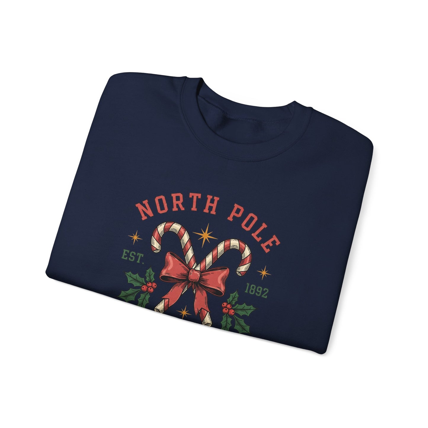 North Pole University Christmas Sweatshirt Candy Cane College Crewneck, Cute Christmas Sweater for Women, Cozy Winter Sweatshirt