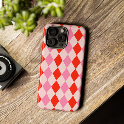 Tough Cases with Red Pink Diamonds, Retro Checkerboard iPhone Case And Samsung Case, Slim Fit Phone Case, Stylish Gift