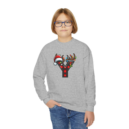 Festive Youth Crewneck Sweatshirt with Christmas Reindeer and Santa Hat, Holiday Gift for Kids, Winter Wear, Cozy Sweater, Christmas Apparel