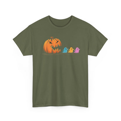 Halloween Pumpkin & Ghosts Unisex Heavy Cotton Tee, Cute Fall Shirt, Spooky Spirit Wear, Halloween Costume Top, Autumn Vibes Tee