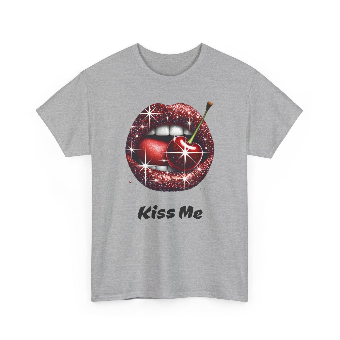 Glitter Lips Cherry Kiss Me Tee, Retro Pinup Graphic Shirt, Flirty Pop Art T-Shirt, Vintage Style Cotton Tee