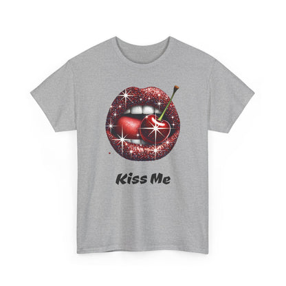 Glitter Lips Cherry Kiss Me Tee, Retro Pinup Graphic Shirt, Flirty Pop Art T-Shirt, Vintage Style Cotton Tee