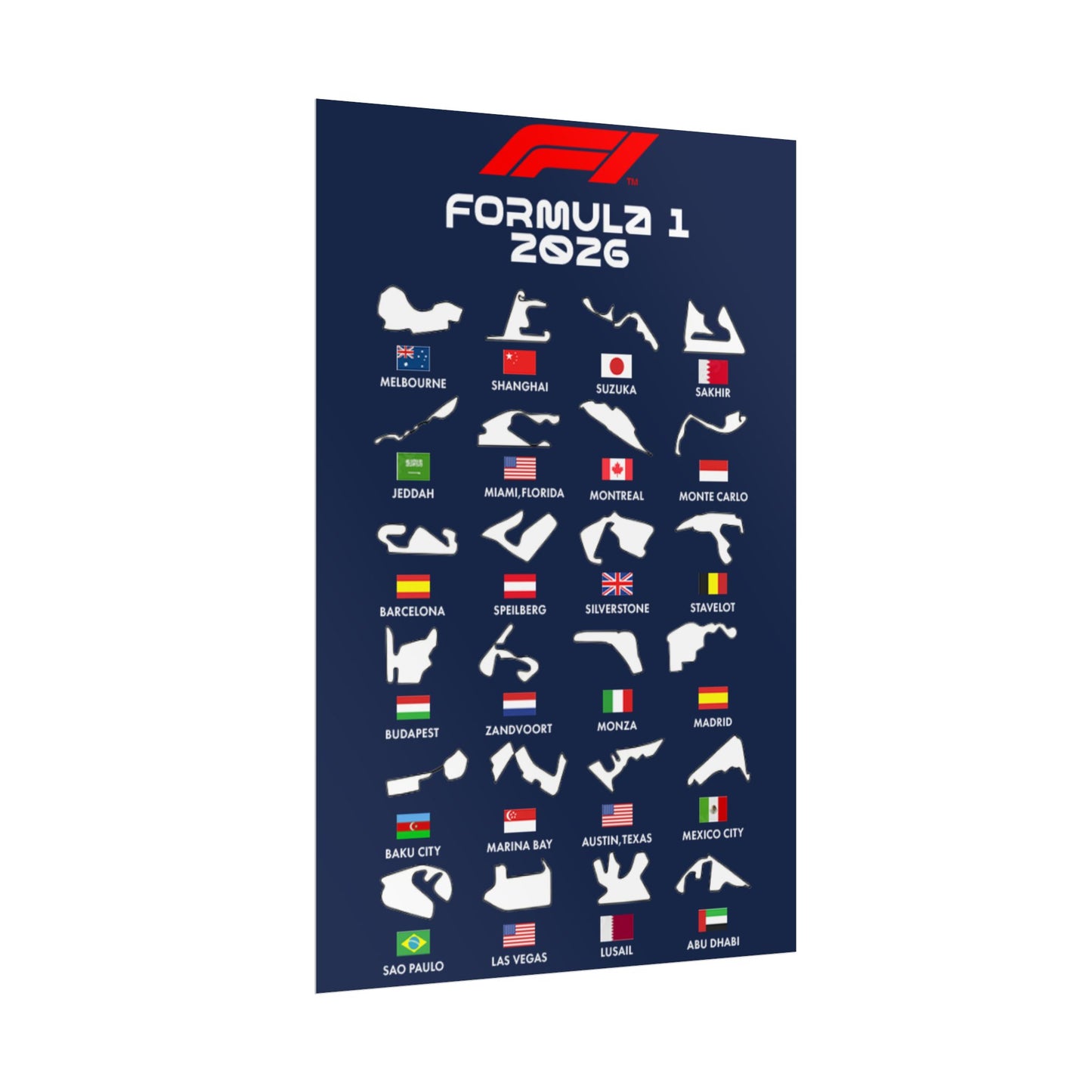 Formula 1 2026 Track Silhouettes Poster, F1 Circuits Map Wall Art, Grand Prix Calendar Print, Motorsport Racing Decor, Rolled Poster