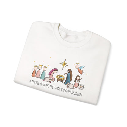 A Thrill Of Hope, the Weary World Rejoices Nativity Scene Illustration Crewneck Sweatshirt | Minimal Christmas