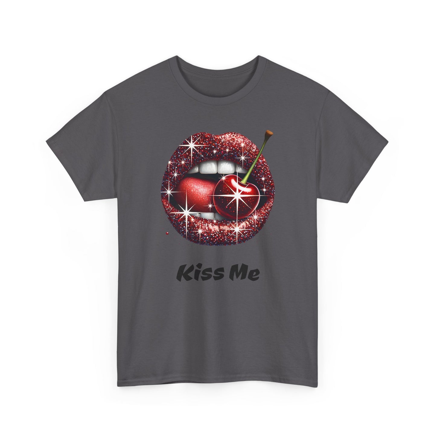Glitter Lips Cherry Kiss Me Tee, Retro Pinup Graphic Shirt, Flirty Pop Art T-Shirt, Vintage Style Cotton Tee