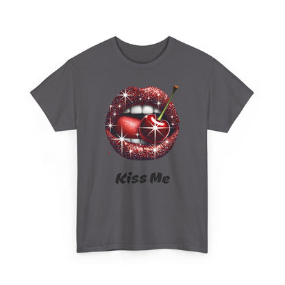 Glitter Lips Cherry Kiss Me Tee, Retro Pinup Graphic Shirt, Flirty Pop Art T-Shirt, Vintage Style Cotton Tee
