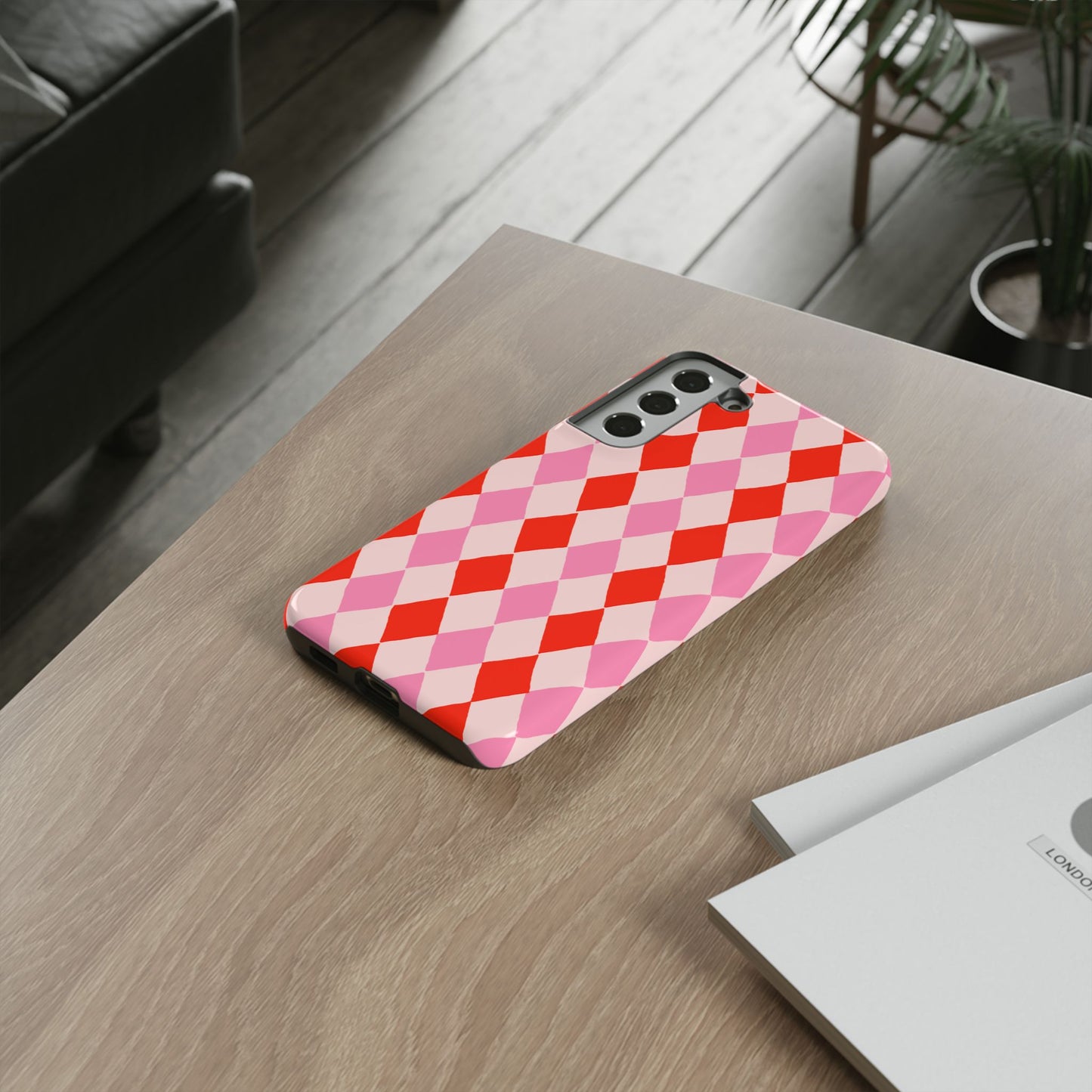 Tough Cases with Red Pink Diamonds, Retro Checkerboard iPhone Case And Samsung Case, Slim Fit Phone Case, Stylish Gift