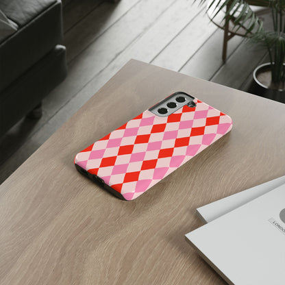 Tough Cases with Red Pink Diamonds, Retro Checkerboard iPhone Case And Samsung Case, Slim Fit Phone Case, Stylish Gift