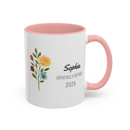 Personalized Retirement Coffee Mug, Floral Design, Gift for Retirees, Custom Name Mug, Celebration Drinkware, Retirement Day Gift
