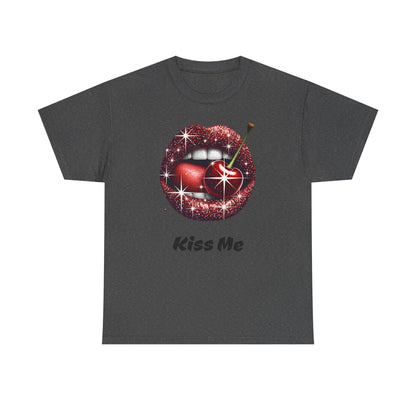 Glitter Lips Cherry Kiss Me Tee, Retro Pinup Graphic Shirt, Flirty Pop Art T-Shirt, Vintage Style Cotton Tee