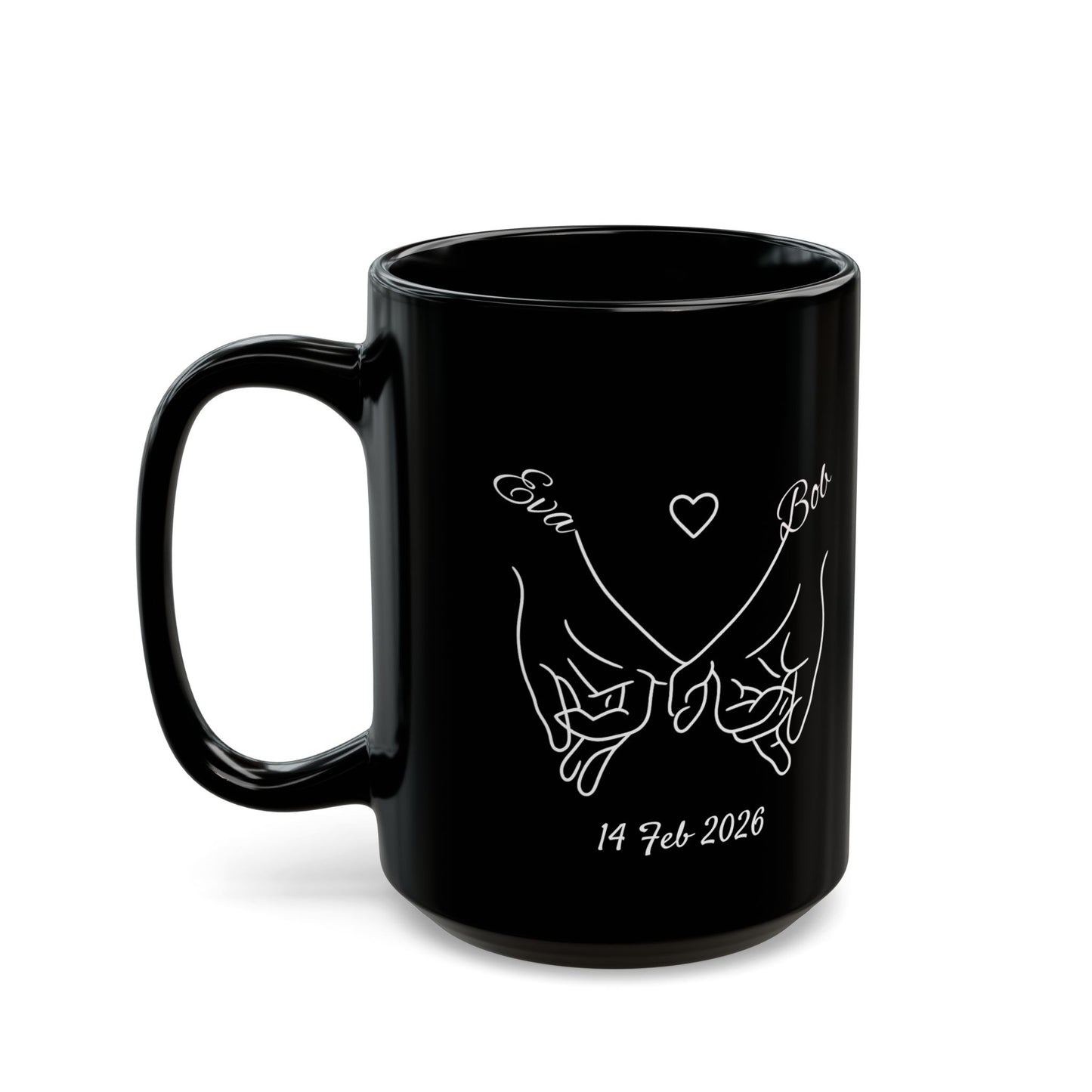 Holding Hands Couple Mug | Personalized Names & Date Black Coffee Cup | Custom Line Art Mug | Valentine Anniversary Gift for Couples