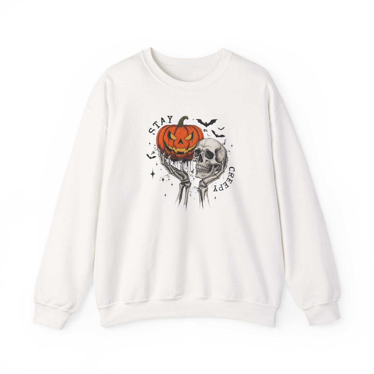 Stay Creepy Crewneck Sweatshirt, Halloween Sweater, Cozy Fall Apparel, Spooky Gift, Pumpkin Skull Design, Halloween Celebration