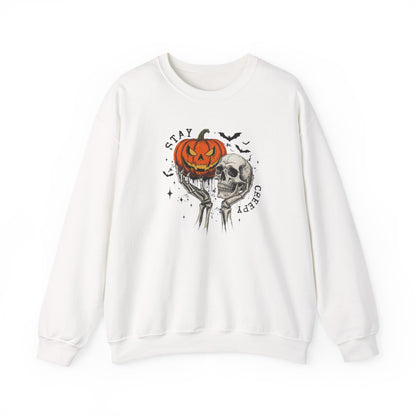 Stay Creepy Crewneck Sweatshirt, Halloween Sweater, Cozy Fall Apparel, Spooky Gift, Pumpkin Skull Design, Halloween Celebration