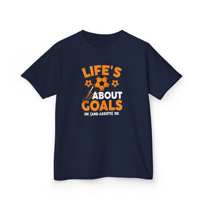 Life's About Goals Kids T-Shirt | Soccer Graphic Tee | Fun Teamwork Shirt for Boys & Girls | Cotton Youth Sports Top, FIFA World Cup 2026