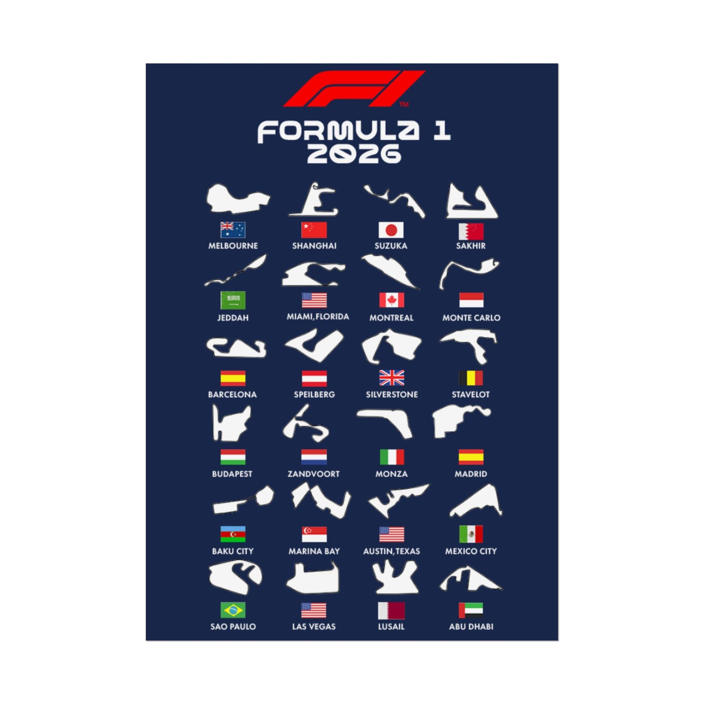 Formula 1 2026 Track Silhouettes Poster, F1 Circuits Map Wall Art, Grand Prix Calendar Print, Motorsport Racing Decor, Rolled Poster