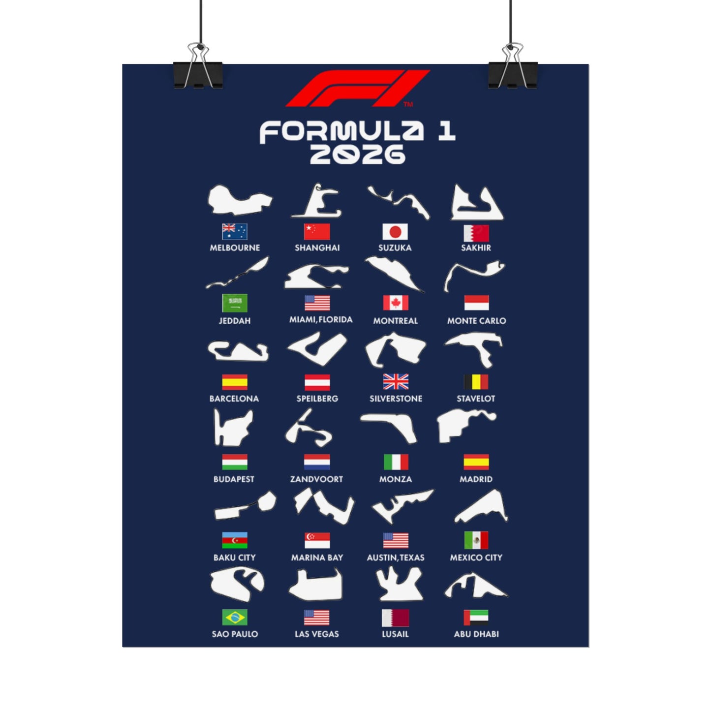 Formula 1 2026 Track Silhouettes Poster, F1 Circuits Map Wall Art, Grand Prix Calendar Print, Motorsport Racing Decor, Rolled Poster
