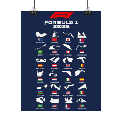 Formula 1 2026 Track Silhouettes Poster, F1 Circuits Map Wall Art, Grand Prix Calendar Print, Motorsport Racing Decor, Rolled Poster