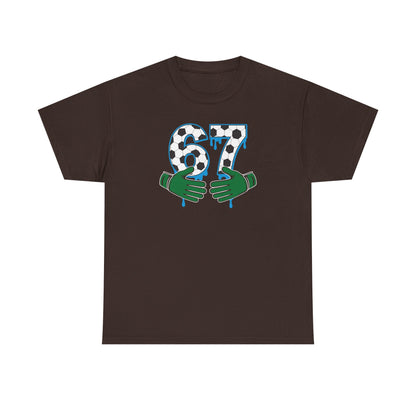 Dripping 97 Number Graphic Tee, Streetwear Checkerboard T-Shirt with Green Hands, Artsy Unisex Cotton Shirt