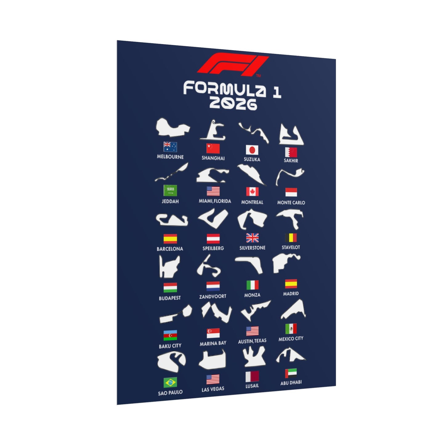 Formula 1 2026 Track Silhouettes Poster, F1 Circuits Map Wall Art, Grand Prix Calendar Print, Motorsport Racing Decor, Rolled Poster