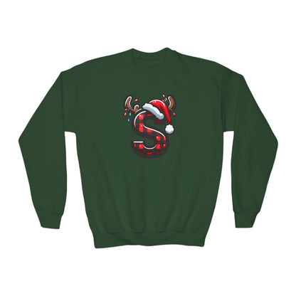 Festive Youth Crewneck Sweatshirt with Christmas Reindeer and Santa Hat, Holiday Gift for Kids, Winter Wear, Cozy Sweater, Christmas Apparel
