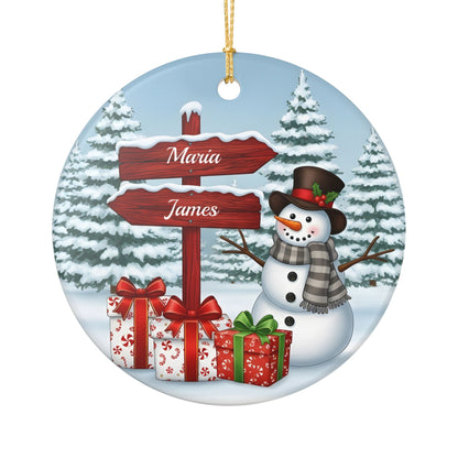 Personalized Snowman Christmas Ornament, Ceramic Snowman Sign Decor, Custom Holiday Ornament, Winter Keepsake Gift for Families