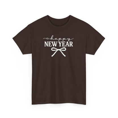 Happy New Year Bow T-Shirt, Minimalist New Year Typography Tee, Holiday Graphic Shirt, New Year's Eve Outfit, Casual Festive Top