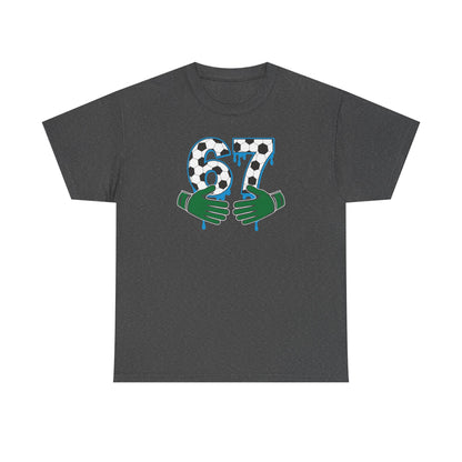 Dripping 97 Number Graphic Tee, Streetwear Checkerboard T-Shirt with Green Hands, Artsy Unisex Cotton Shirt