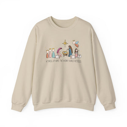 A Thrill Of Hope, the Weary World Rejoices Nativity Scene Illustration Crewneck Sweatshirt | Minimal Christmas