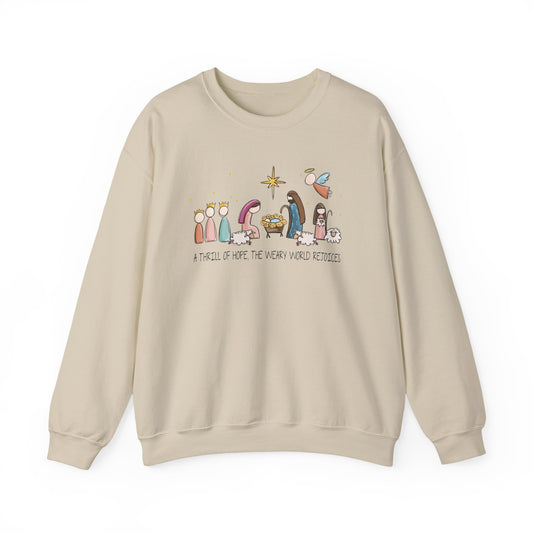 A Thrill Of Hope, the Weary World Rejoices Nativity Scene Illustration Crewneck Sweatshirt | Minimal Christmas