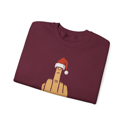 Middle Finger with Santa Hat Crewneck | Naughty Christmas Sweatshirt | Funny Holiday T-Shirt for Adults | Sarcastic Santa Gift