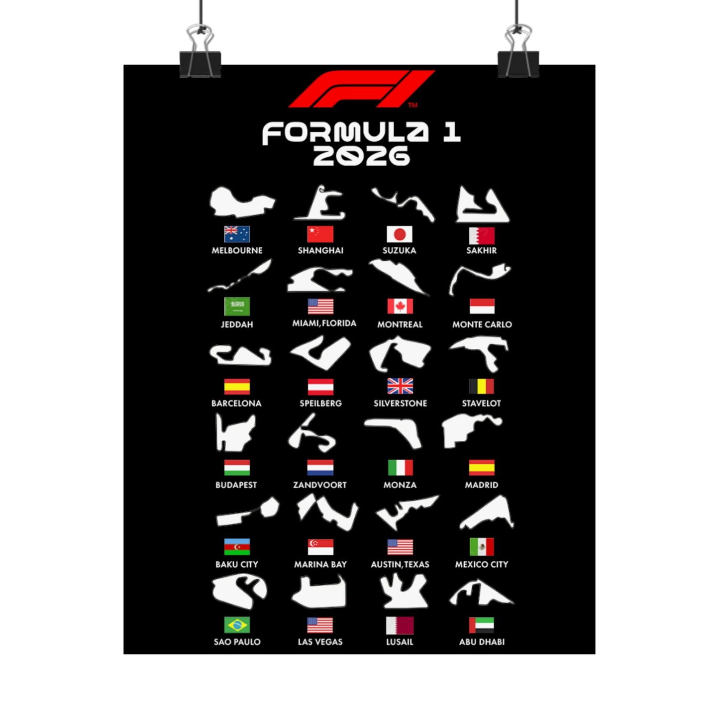 Formula 1 2026 Track Map Poster, F1 Circuits Silhouette Wall Art, Motorsport Racing Print, Racing Fan Gift, Garage Decor