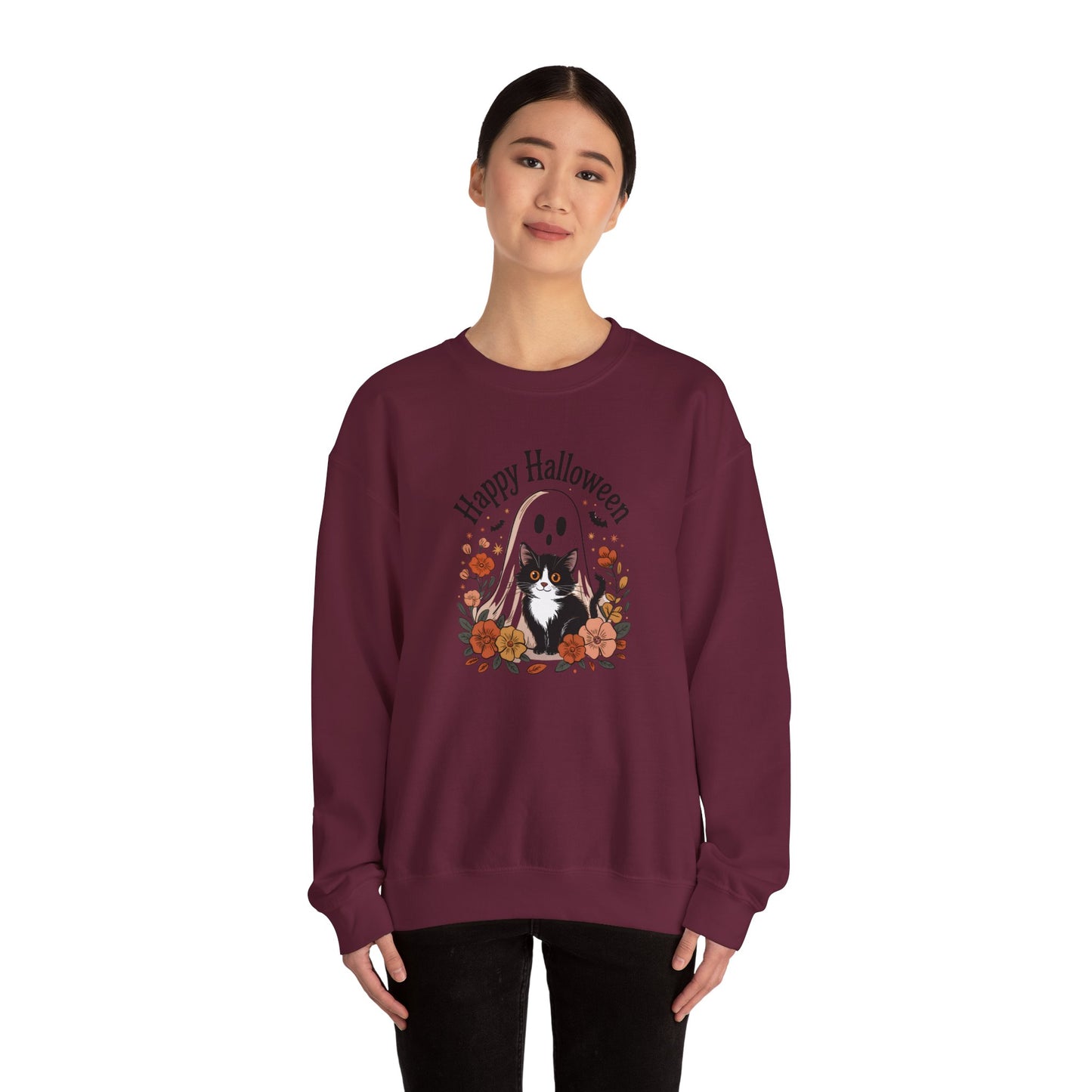Happy Halloween Cat Crewneck Sweatshirt, Cozy Fall Sweatshirt, Halloween Gift, Fall Fashion, Gift for Her, Spooky Season Apparel