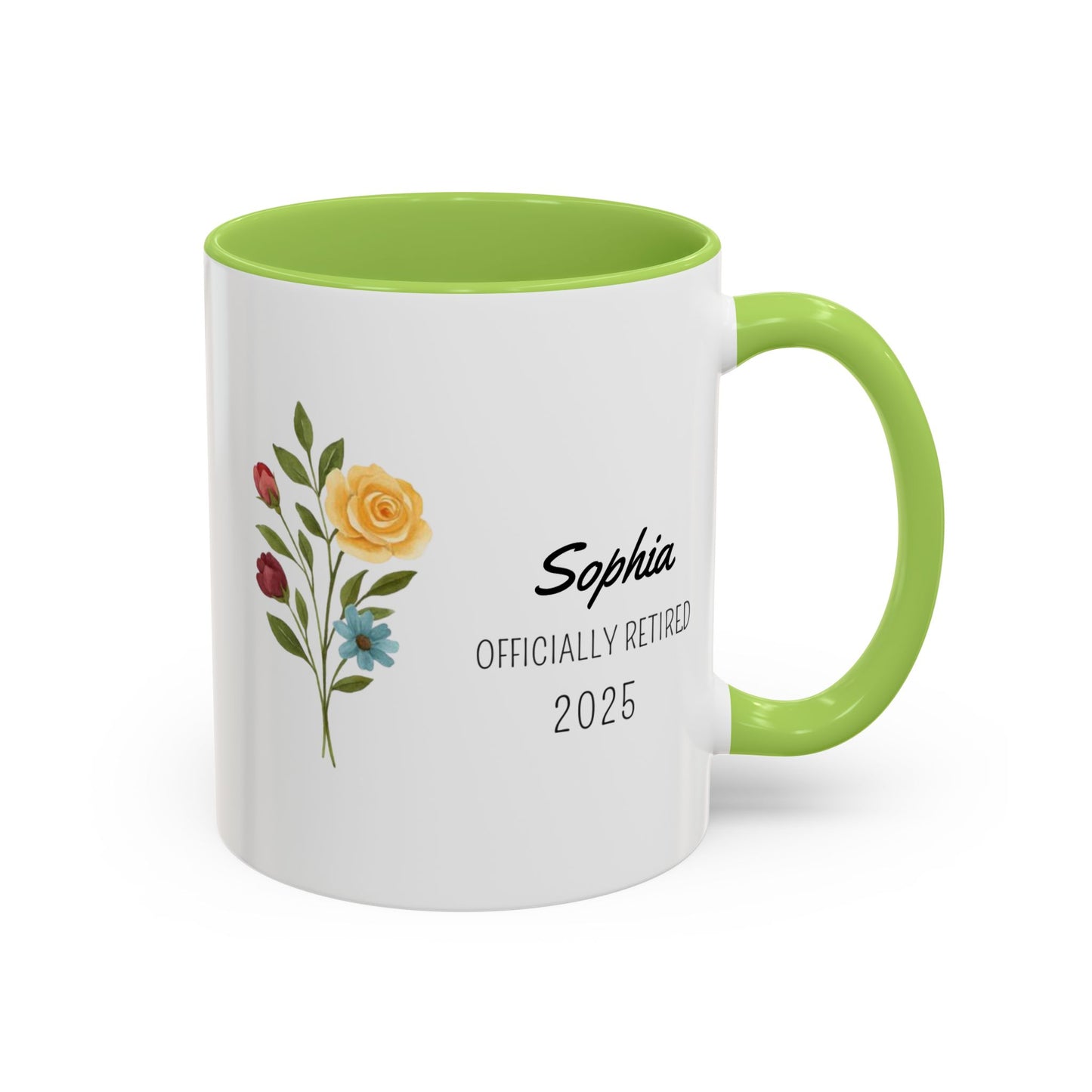 Personalized Retirement Coffee Mug, Floral Design, Gift for Retirees, Custom Name Mug, Celebration Drinkware, Retirement Day Gift