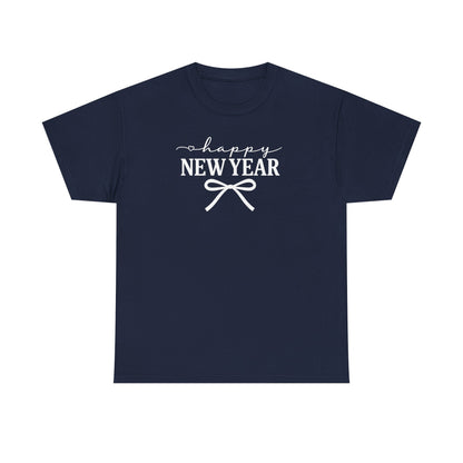 Happy New Year Bow T-Shirt, Minimalist New Year Typography Tee, Holiday Graphic Shirt, New Year's Eve Outfit, Casual Festive Top