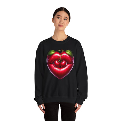 Heart Cherry Lips Sweatshirt, Cherry Face Graphic Crewneck, Cute Aesthetic Sweatshirt, Retro Pop Art Pullover, Unisex Cozy Top