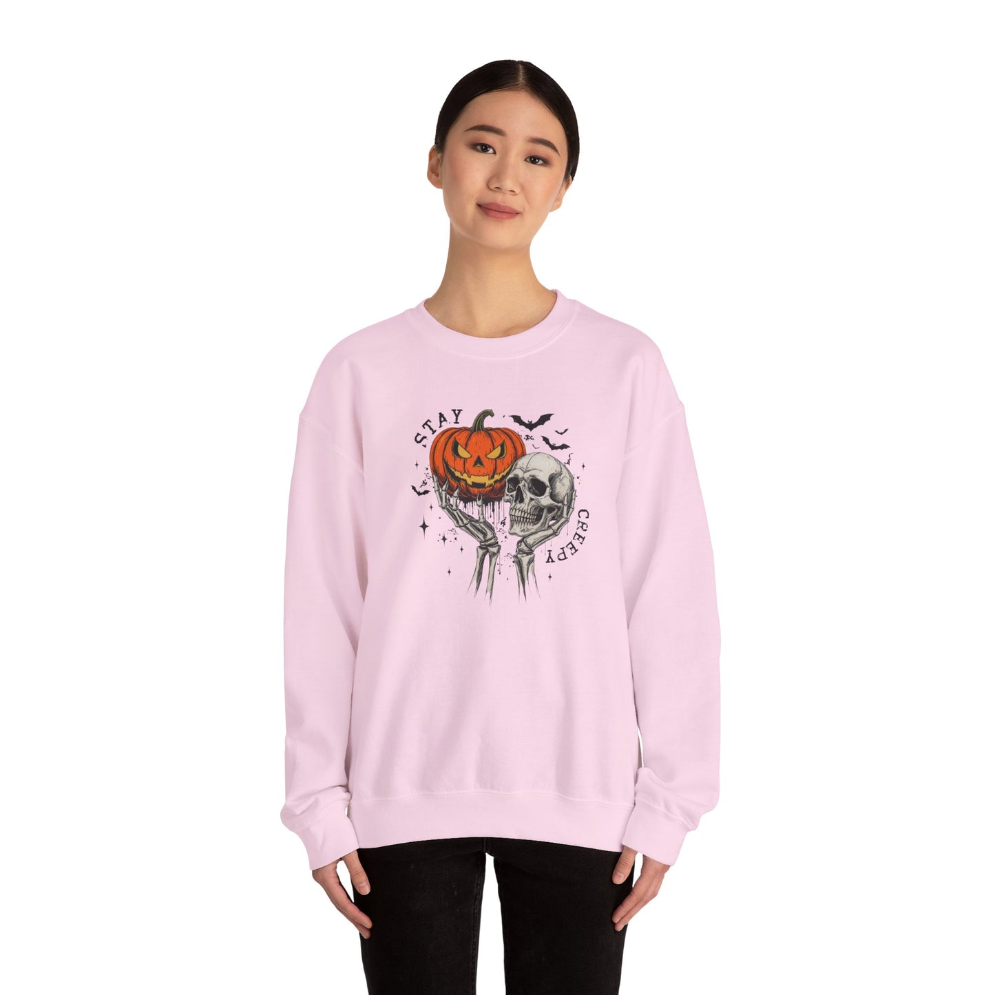 Stay Creepy Crewneck Sweatshirt, Halloween Sweater, Cozy Fall Apparel, Spooky Gift, Pumpkin Skull Design, Halloween Celebration