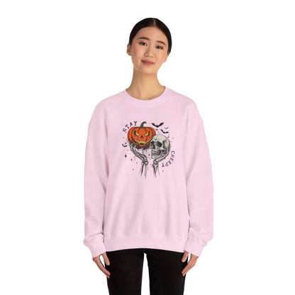 Stay Creepy Crewneck Sweatshirt, Halloween Sweater, Cozy Fall Apparel, Spooky Gift, Pumpkin Skull Design, Halloween Celebration