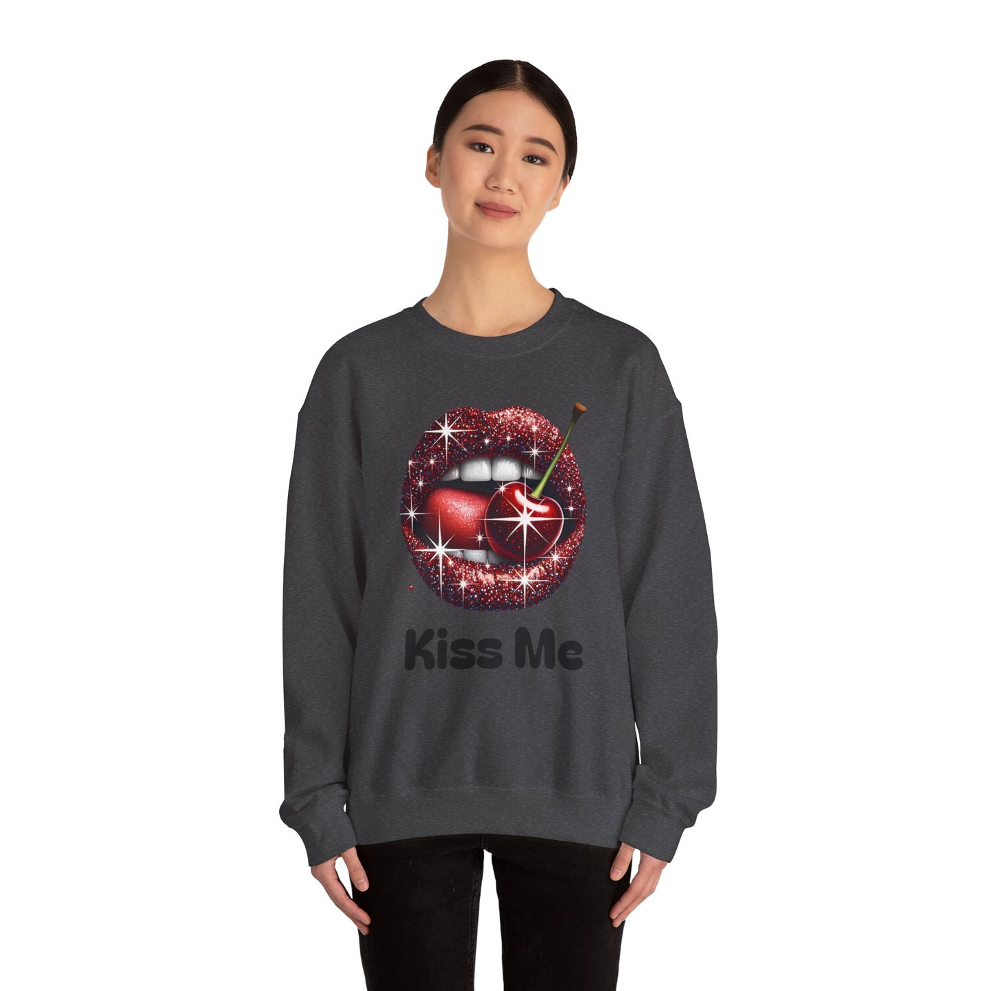 Cherry Kiss Me Sweatshirt, Glitter Lips Cherry Graphic Crewneck, Retro Pop Art Sweatshirt, Cute Flirty Pullover, Unisex Cozy Top